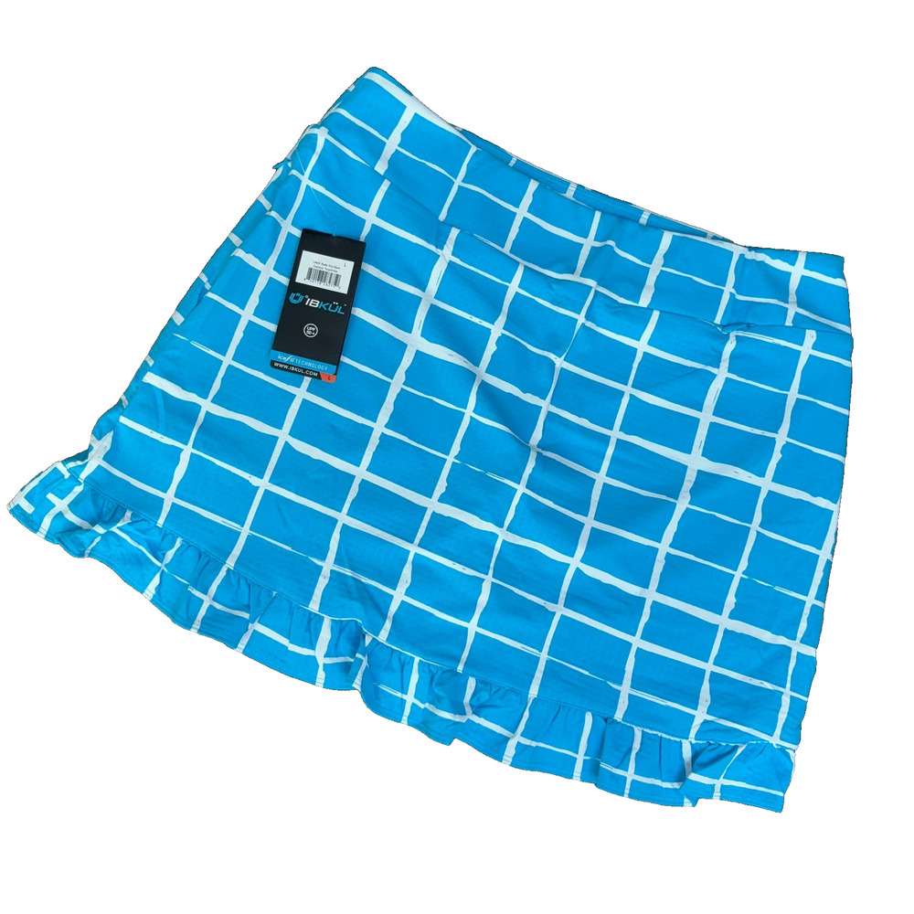 IBKUL Blue Ruffle Hem Skort Women Large Golf Front Zip Pockets Back Pull-On